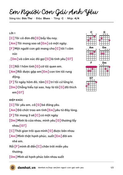 Hợp âm Em Người Con Gái Anh Yêu (Đức Thư) – bản nhạc PDF trang 1, tông C