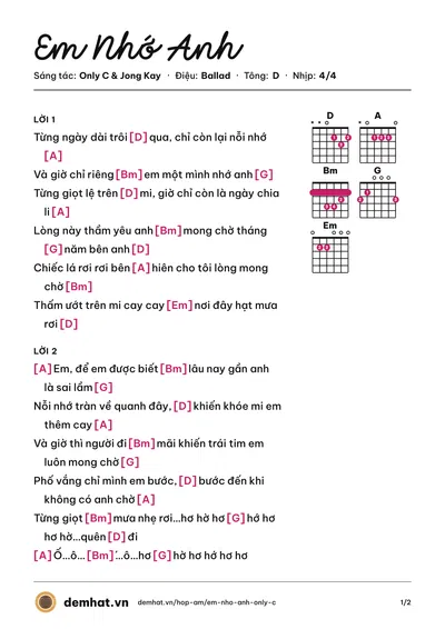 Hợp âm Em Nhớ Anh (Miu Lê) – bản nhạc PDF trang 1, tông D