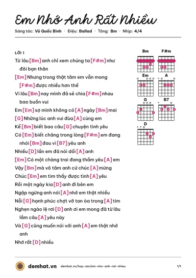 Hợp âm Em Nhớ Anh Rất Nhiều (Sơn Ca) – bản nhạc PDF trang 1, tông Bm