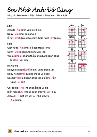 Hợp âm Em Nhớ Anh Vô Cùng (Hồ Quỳnh Hương) – bản nhạc PDF trang 1, tông Am