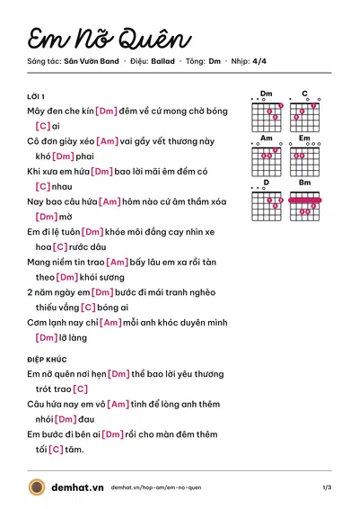 Hợp âm Em Nỡ Quên (PhongB) – bản nhạc PDF trang 1, tông Dm