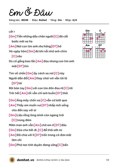 Hợp âm Em Ở Đâu (JBOW) – bản nhạc PDF trang 1, tông Dm