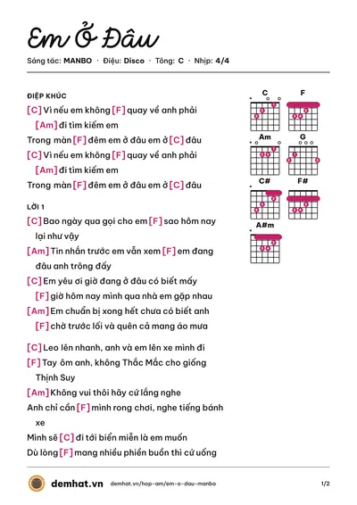 Hợp âm Em Ở Đâu (MANBO) – bản nhạc PDF trang 1, tông C