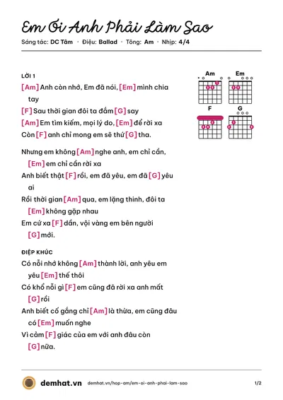 Hợp âm Em Ơi Anh Phải Làm Sao (Dương Minh Tuấn) – bản nhạc PDF trang 1, tông Am