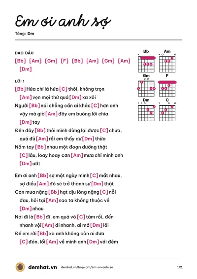 Hợp âm Em ơi anh sợ (Vương Thiên Tuấn) – bản nhạc PDF trang 1, tông Dm