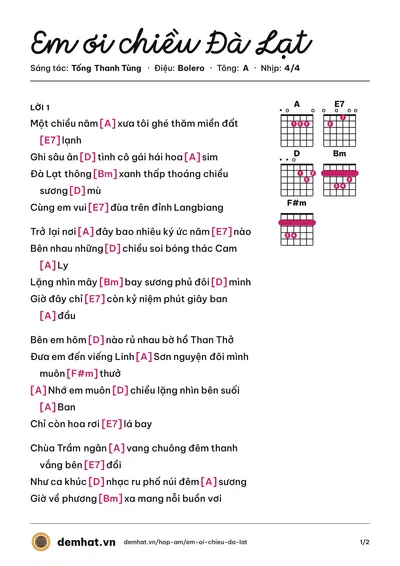 Hợp âm Em ơi chiều Đà Lạt (Tuấn Vỹ) – bản nhạc PDF trang 1, tông A