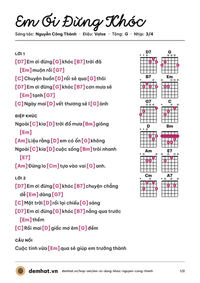 Hợp âm Em Ơi Đừng Khóc (Hoàng Thống) – bản nhạc PDF trang 1, tông G