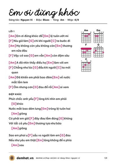 Hợp âm Em ơi đừng khóc (Duy Phước) – bản nhạc PDF trang 1, tông Am