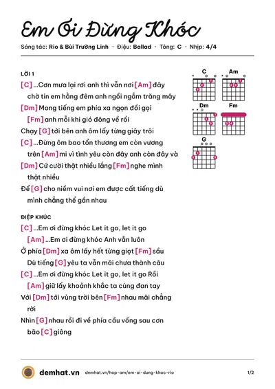 Hợp âm Em Ơi Đừng Khóc (Rio) – bản nhạc PDF trang 1, tông C