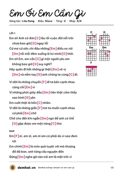 Hợp âm Em Ơi Em Cần Gì (Don Nguyễn) – bản nhạc PDF trang 1, tông C
