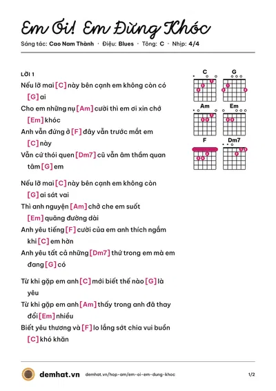 Hợp âm Em Ơi! Em Đừng Khóc (Cao Nam Thành) – bản nhạc PDF trang 1, tông C