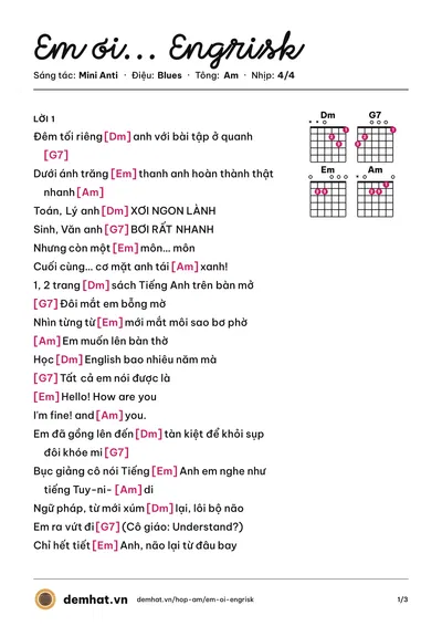 Hợp âm Em ơi... Engrisk (Mini Anti) – bản nhạc PDF trang 1, tông Am