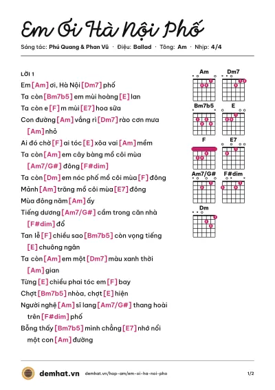 Hợp âm Em Ơi Hà Nội Phố (Hồ Ngọc Hà) – bản nhạc PDF trang 1, tông Am