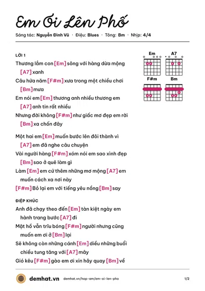 Hợp âm Em Ơi Lên Phố (Minh Vương) – bản nhạc PDF trang 1, tông Bm