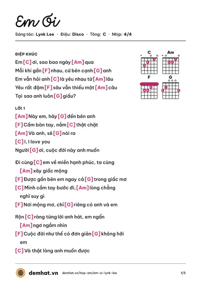 Hợp âm Em Ơi (Lynk Lee) – bản nhạc PDF trang 1, tông C