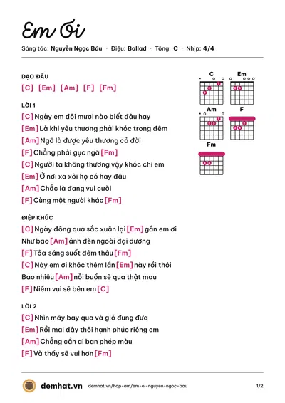 Hợp âm Em Ơi (Tina Trần) – bản nhạc PDF trang 1, tông C