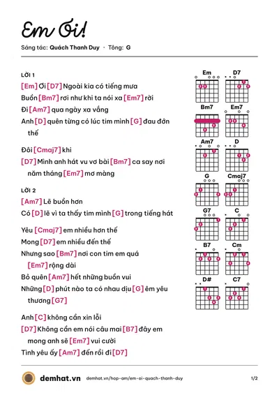 Hợp âm Em Ơi! (Lê Bật Thành) – bản nhạc PDF trang 1, tông G