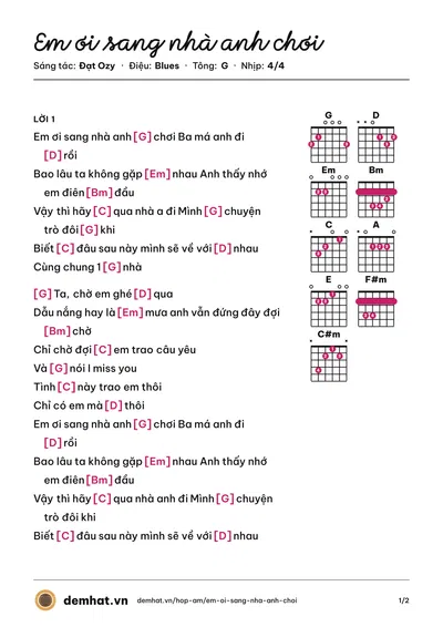 Hợp âm Em ơi sang nhà anh chơi (Đạt Ozy) – bản nhạc PDF trang 1, tông G