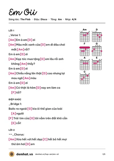 Hợp âm Em Oii (The Flob) – bản nhạc PDF trang 1, tông Am