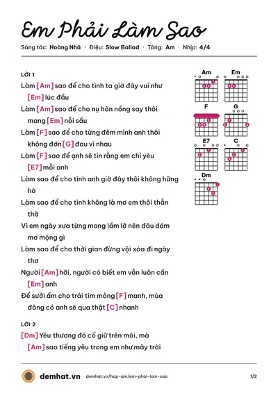 Hợp âm Em Phải Làm Sao (Mỹ Tâm) – bản nhạc PDF trang 1, tông Am