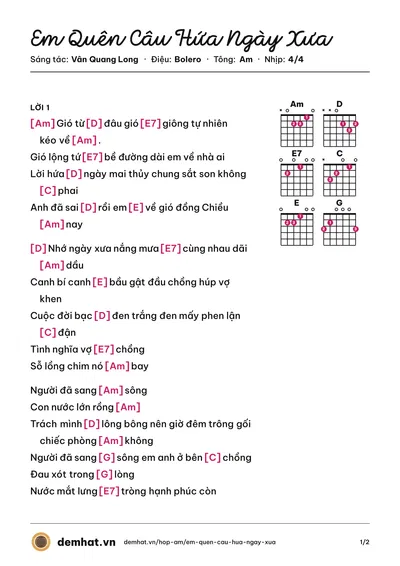 Hợp âm Em Quên Câu Hứa Ngày Xưa (Vân Quang Long) – bản nhạc PDF trang 1, tông Am