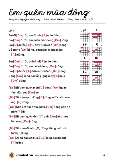 Hợp âm Em quên mùa đông (Lam Trường) – bản nhạc PDF trang 1, tông Dm