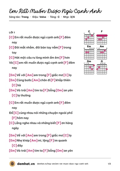 Hợp âm Em Rất Muốn Được Ngủ Cạnh Anh (Trang) – bản nhạc PDF trang 1, tông C