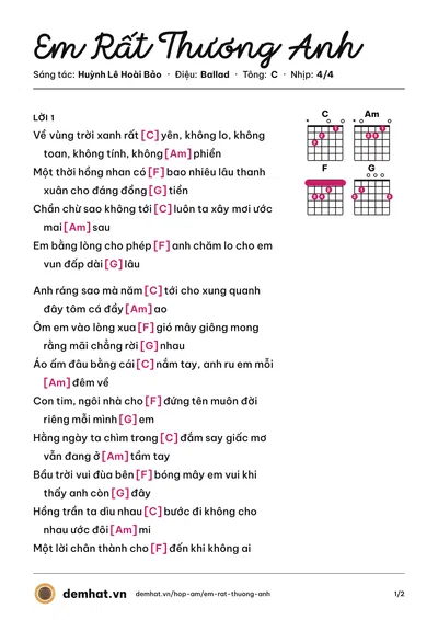 Hợp âm Em Rất Thương Anh (Dương Ái Vy) – bản nhạc PDF trang 1, tông C