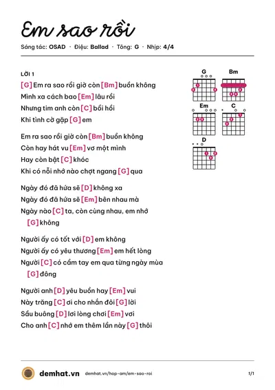 Hợp âm Em sao rồi (OSAD) – bản nhạc PDF trang 1, tông G