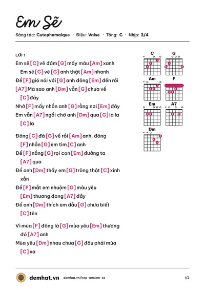 Hợp âm Em Sẽ (Cutephomaique) – bản nhạc PDF trang 1, tông C