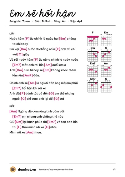 Hợp âm Em sẽ hối hận (Đình Phong) – bản nhạc PDF trang 1, tông Am