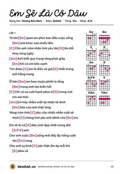 Hợp âm Em Sẽ Là Cô Dâu (Minh Vương) – bản nhạc PDF trang 1, tông Em