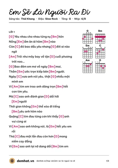 Hợp âm Em Sẽ Là Người Ra Đi (Cẩm Ly) – bản nhạc PDF trang 1, tông G