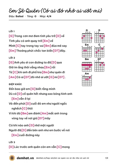 Hợp âm Em Sẽ Quên (Có ai đó nhớ ai ướt mi) (Bích Phương) – bản nhạc PDF trang 1, tông G