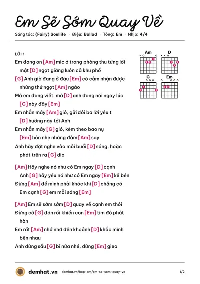 Hợp âm Em Sẽ Sớm Quay Về (Song Thư) – bản nhạc PDF trang 1, tông Em
