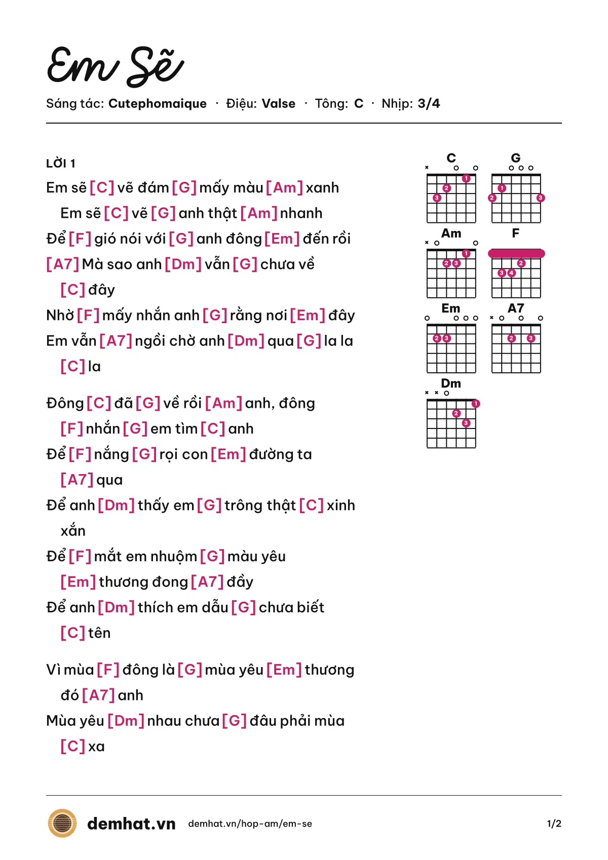 Hợp âm Em Sẽ (Cutephomaique) – bản nhạc PDF trang 1, tông C