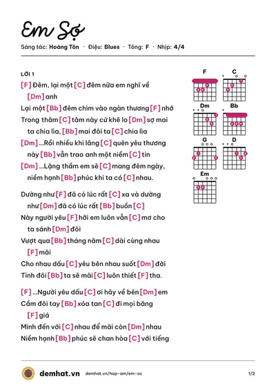Hợp âm Em Sợ (Sĩ Thanh) – bản nhạc PDF trang 1, tông F