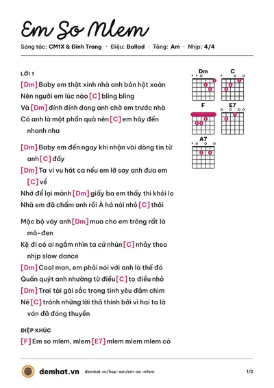 Hợp âm Em So Mlem (Đinh Trang) – bản nhạc PDF trang 1, tông Am