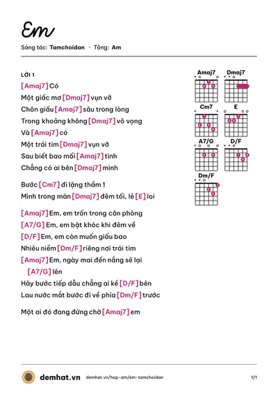 Hợp âm Em (Tamchoidan) – bản nhạc PDF trang 1, tông Am