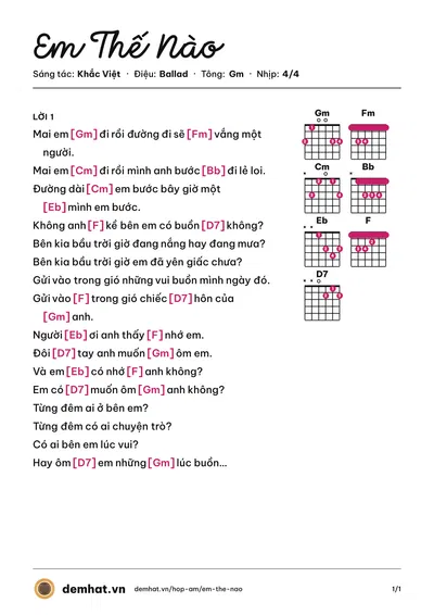 Hợp âm Em Thế Nào (Khắc Việt) – bản nhạc PDF trang 1, tông Gm