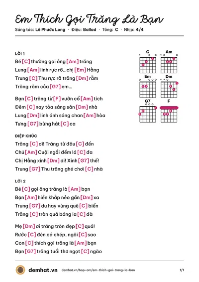 Hợp âm Em Thích Gọi Trăng Là Bạn (Minh Thư) – bản nhạc PDF trang 1, tông C