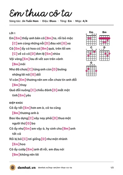 Hợp âm Em thua cô ta (Min Quỳnh Anh) – bản nhạc PDF trang 1, tông Em