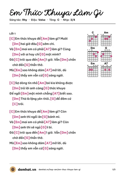 Hợp âm Em Thức Khuya Làm Gì (Rhy) – bản nhạc PDF trang 1, tông C