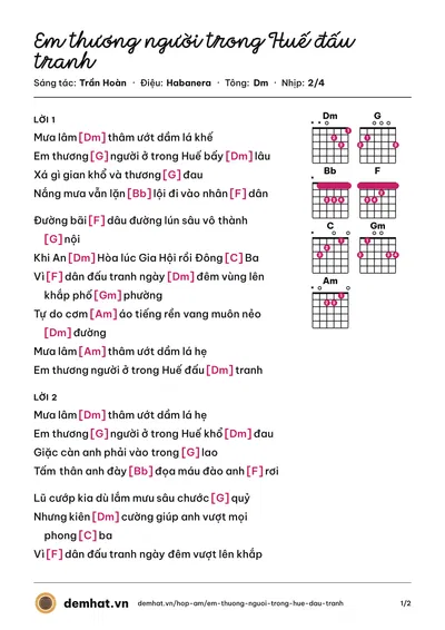 Hợp âm Em thương người trong Huế đấu tranh (Trần Hoàn) – bản nhạc PDF trang 1, tông Dm