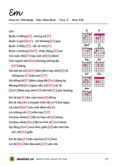 Hợp âm Em (Tiến Hưng) – bản nhạc PDF trang 1, tông C