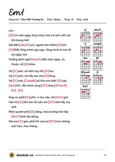 Hợp âm Em! (Tiêu Viết Trường An) – bản nhạc PDF trang 1, tông G