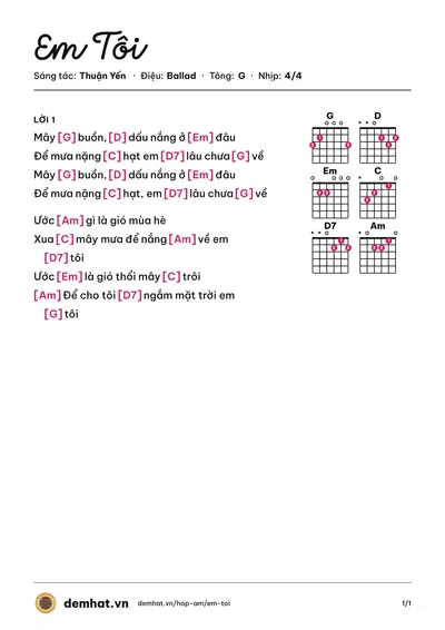 Hợp âm Em Tôi (Thùy Chi) – bản nhạc PDF trang 1, tông G