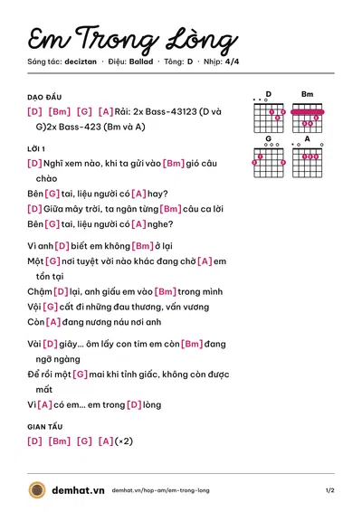 Hợp âm Em Trong Lòng (deciztan) – bản nhạc PDF trang 1, tông D