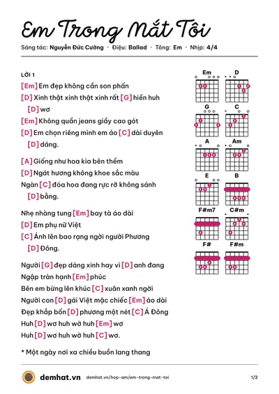 Hợp âm Em Trong Mắt Tôi (Nguyễn Đức Cường) – bản nhạc PDF trang 1, tông Em