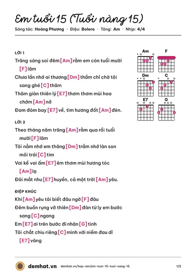 Hợp âm Em tuổi 15 (Tuổi nàng 15) (Mai Quốc Huy) – bản nhạc PDF trang 1, tông Am